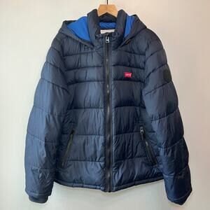 Levi's Men's Full Zip Winter Hooded Puffer Jacket Coat Navy Blue Size Large